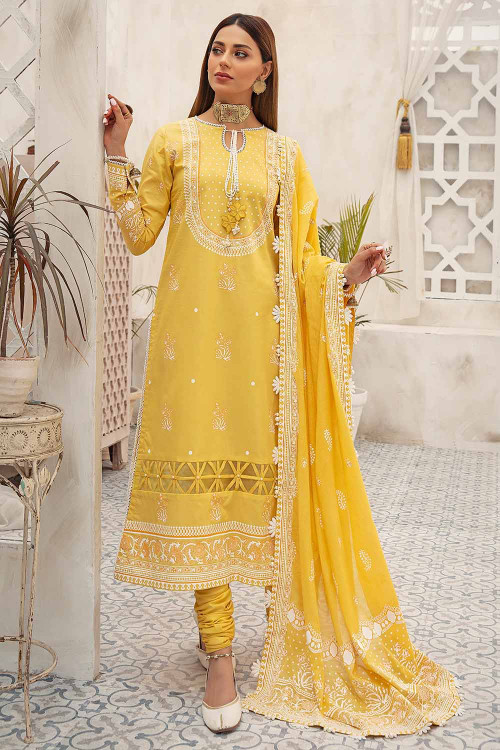 Gul Ahmed 3 Piece Custom Stitched Suit - Yellow - LB21211