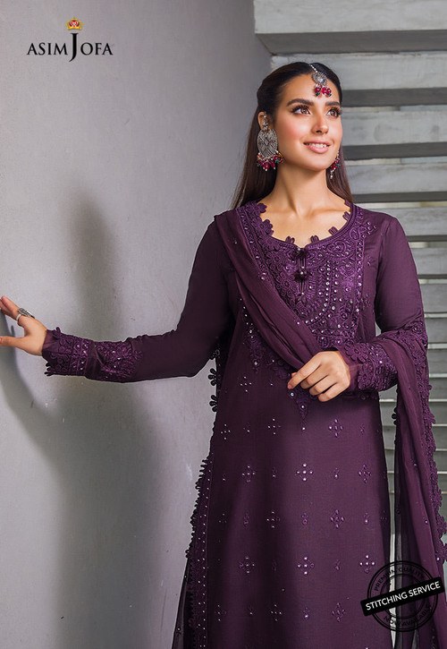 Asim Jofa 3 Piece Custom Stitched Suit - Purple - LB21331