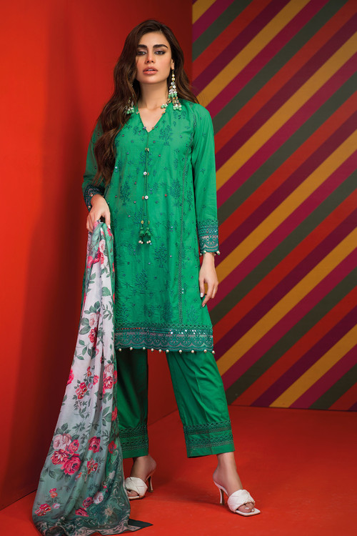 Khaadi 3 Piece Custom Stitched Suit - Green - LB21564