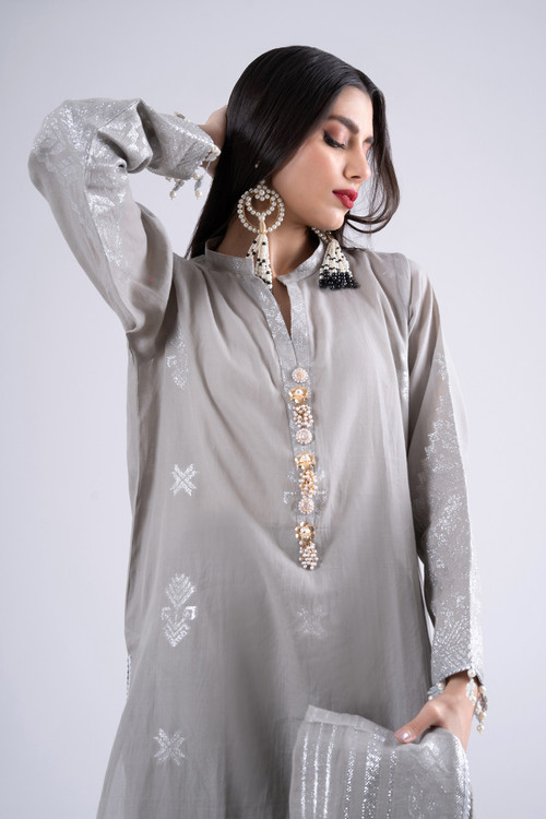3 PCs Angrekha Style Embroidered Shirt Gray Suit by Libas House 