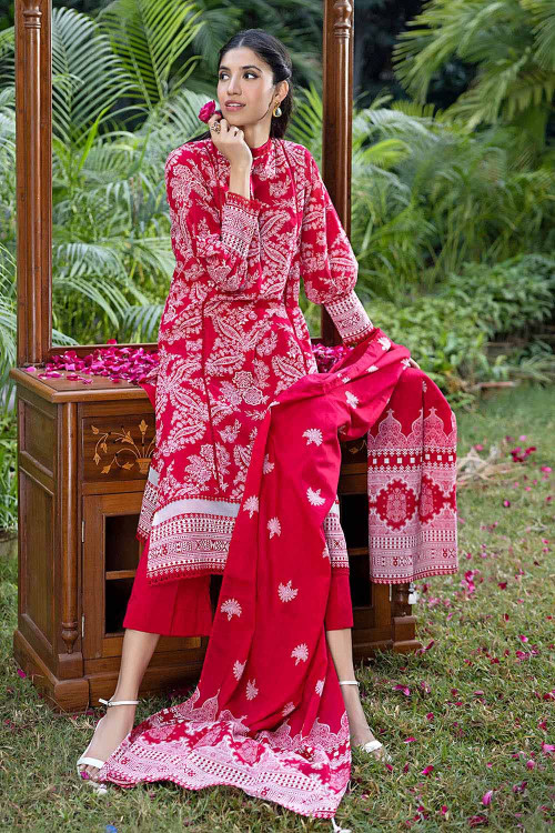 Gul Ahmed 3 Piece Custom Stitched Suit - Red - LB24531