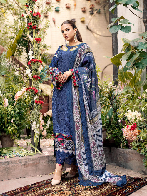 Maryam Hussain 3 Piece Custom Stitched Suit - Blue - LB25854