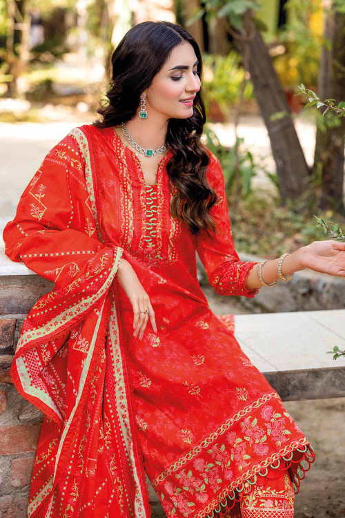Gul Ahmed 3 Piece Custom Stitched Suit - Red - LB26554