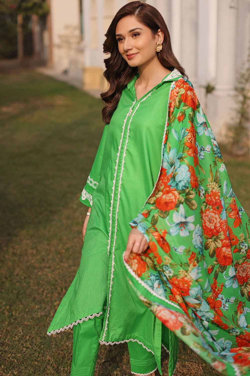 Gul Ahmed 3 Piece Custom Stitched Suit - Green - LB26604