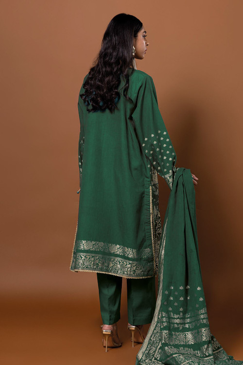 Khaadi 3 Piece Custom Stitched Suit - Green - LB26802