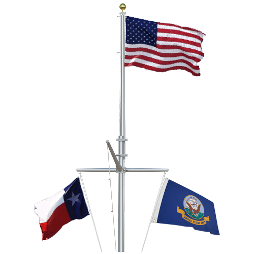 Concord American 35 ft nautical double mast flagpole NDM35D72 with yardarm and gaff flying U.S., Texas and Navy flags