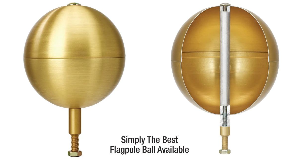 Concord American patented heavy-duty flagpole ball cutaway showing inner spacer tube and stainless rod