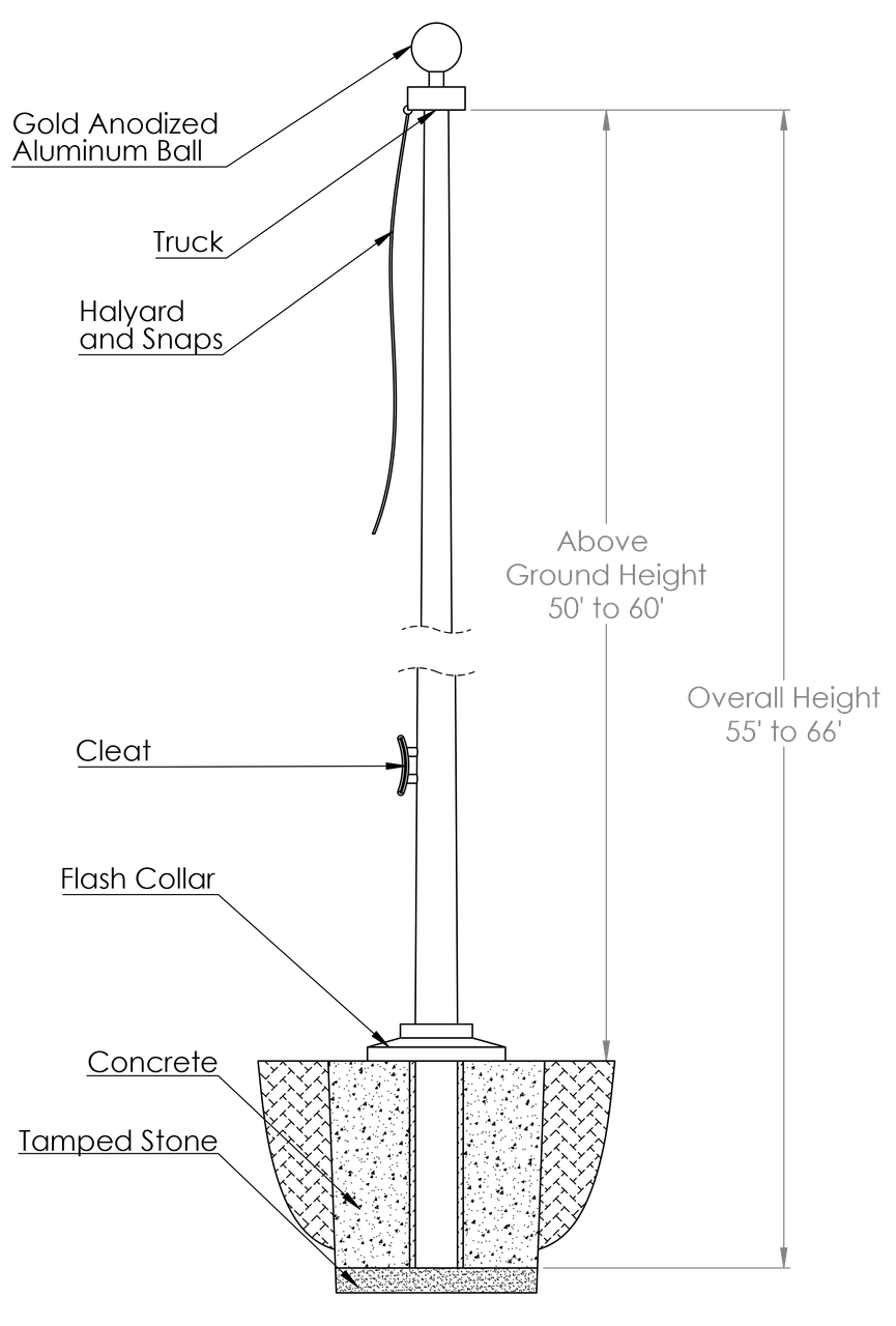 Zeus Apollo 50' Severe Weather External Halyard Fiberglass Flagpole - SW 50X drawing
