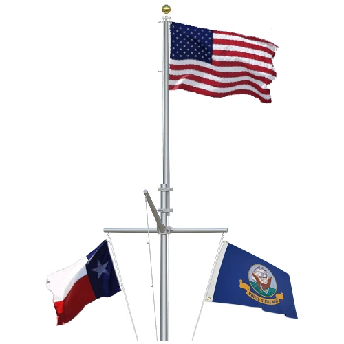 Concord American 50 ft nautical double mast flagpole NDM50D13 with yardarm and gaff flying U.S., Texas and Navy flags