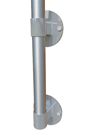 Upper and lower cast aluminum wall brackets holding the pole
