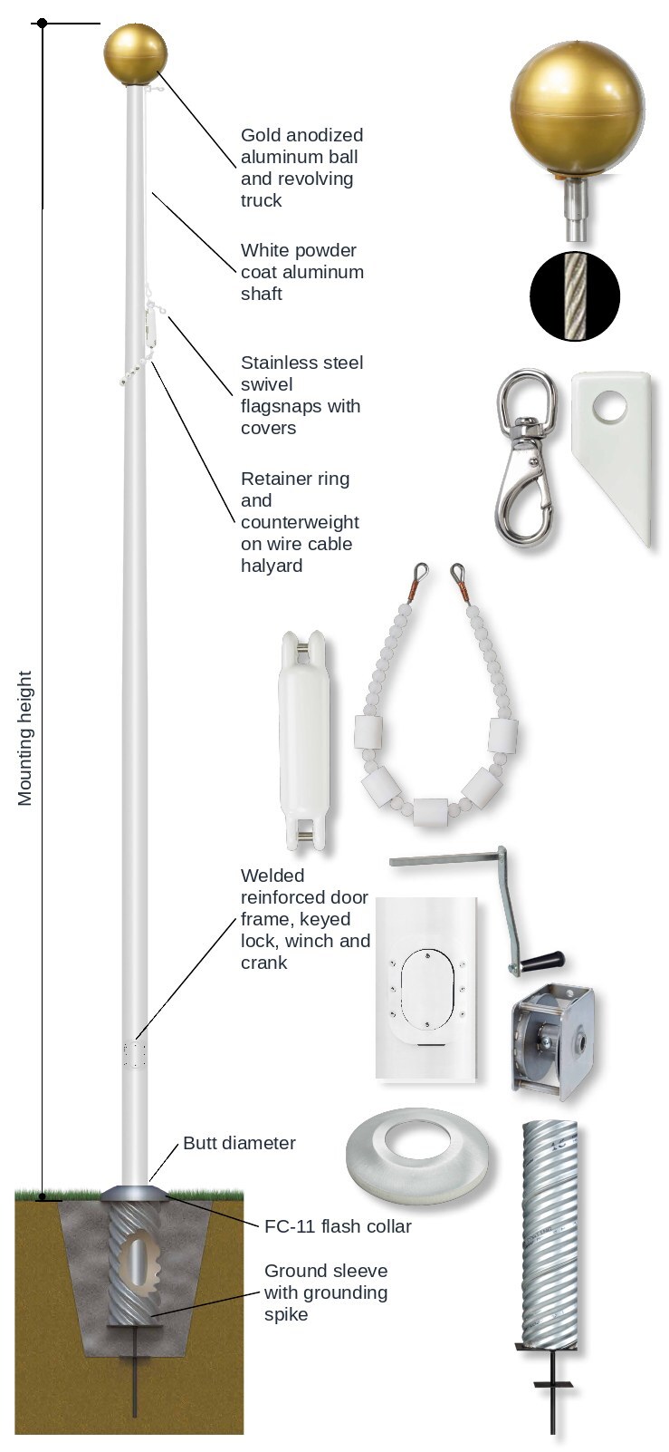 Presidential Collection white powder coat flagpole with gold ball, internal winch, welded reinforced door frame, flash collar and ground sleeve