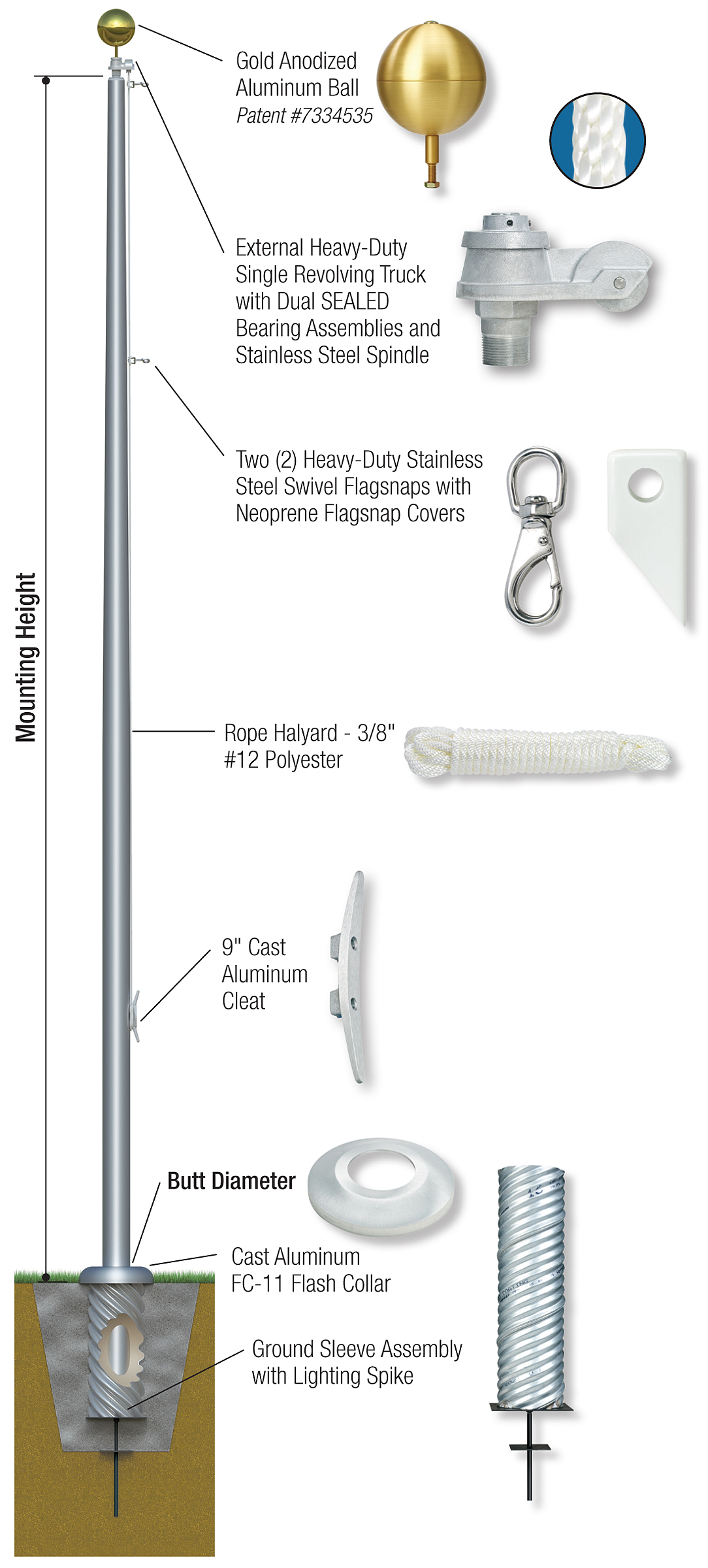 Concord American Xtreme XESR flagpole drawing Concord American Xtreme XESR high wind external halyard flagpole drawing