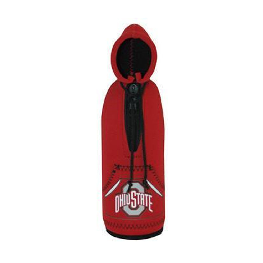 Front view of this Ohio State Beer Bottle Koozie complete with hood and drawstrings.