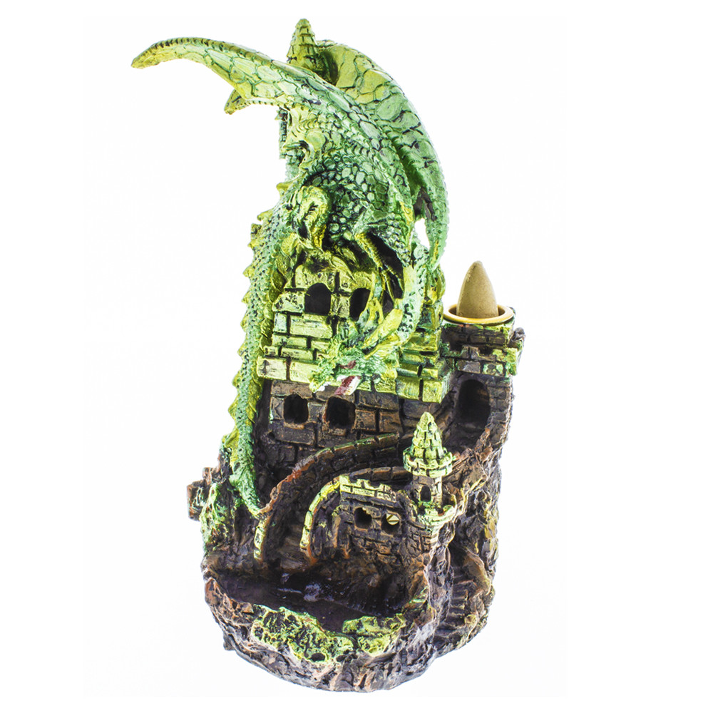Green dragon guarding a castle backflow incense burner.