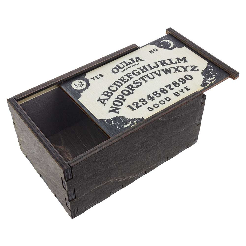 Ouija Board wooden stash box with top tray slightly ajar.