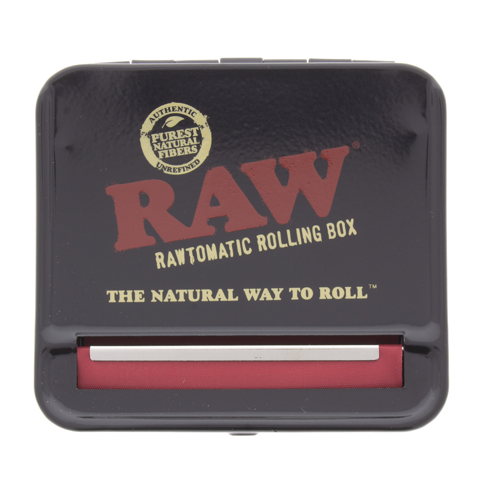 Above view of the Raw auto box metal tin stash box and roller for 79mm papers.