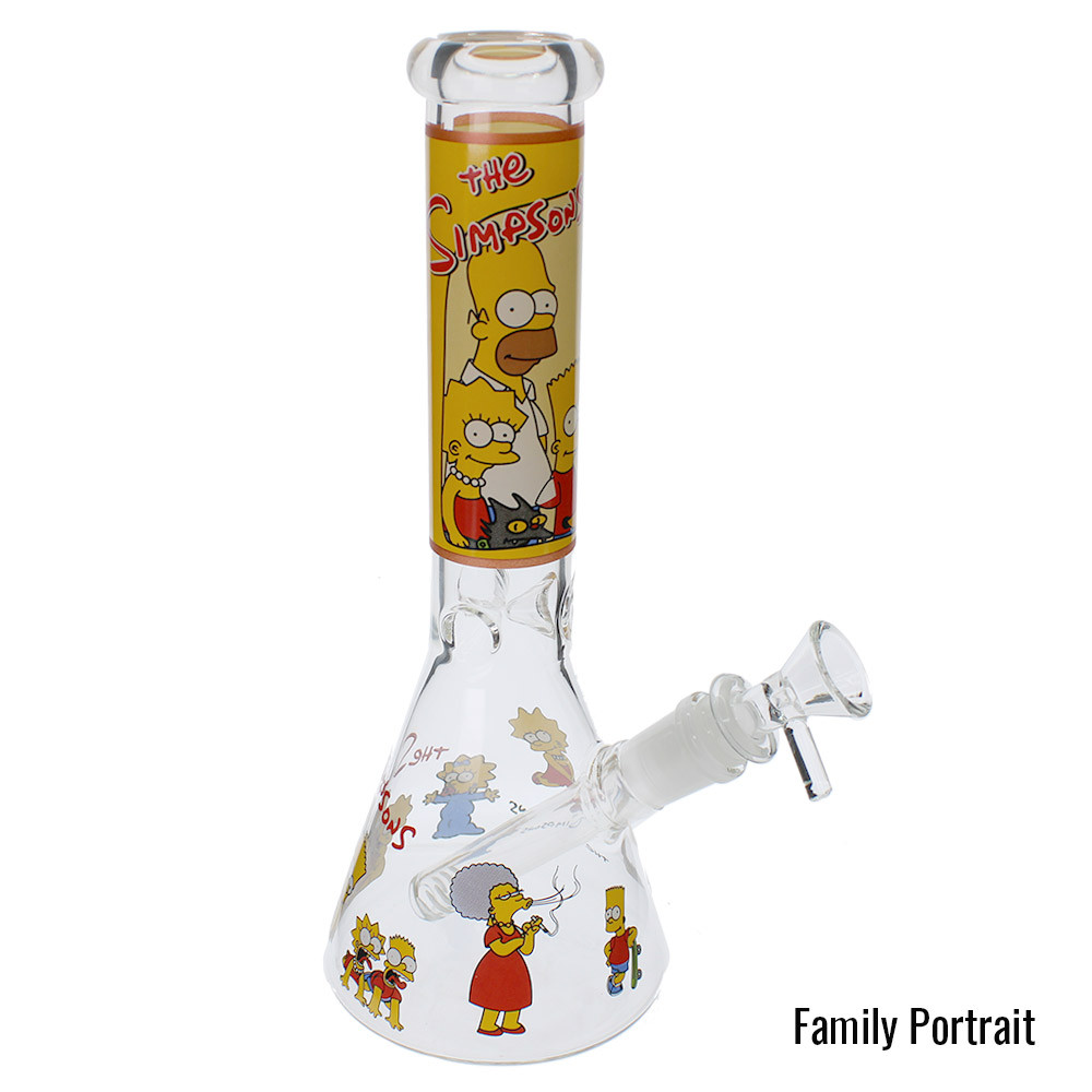 The Simpson's family and other cast members on a glass waterpipe bong.