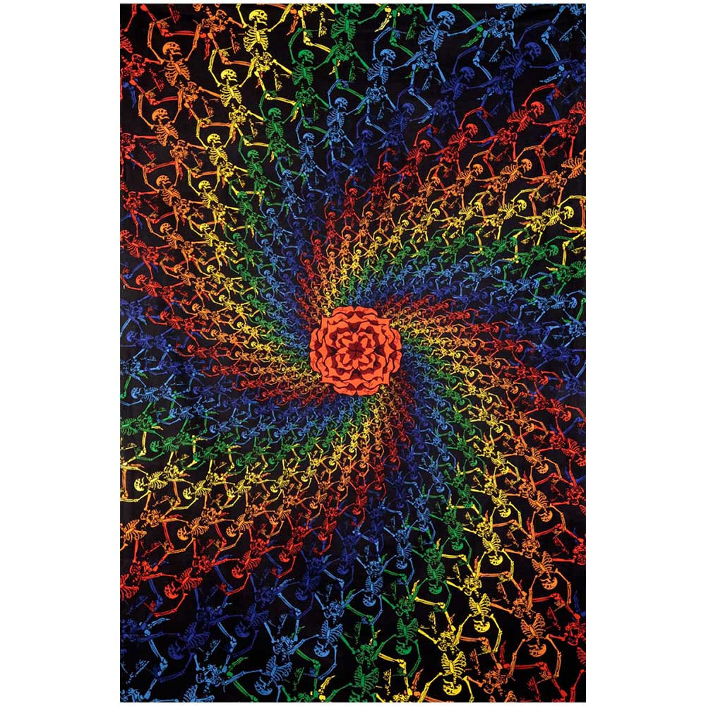 Front view of this Rainbow Skeletons Spiral 3D Tapestry.