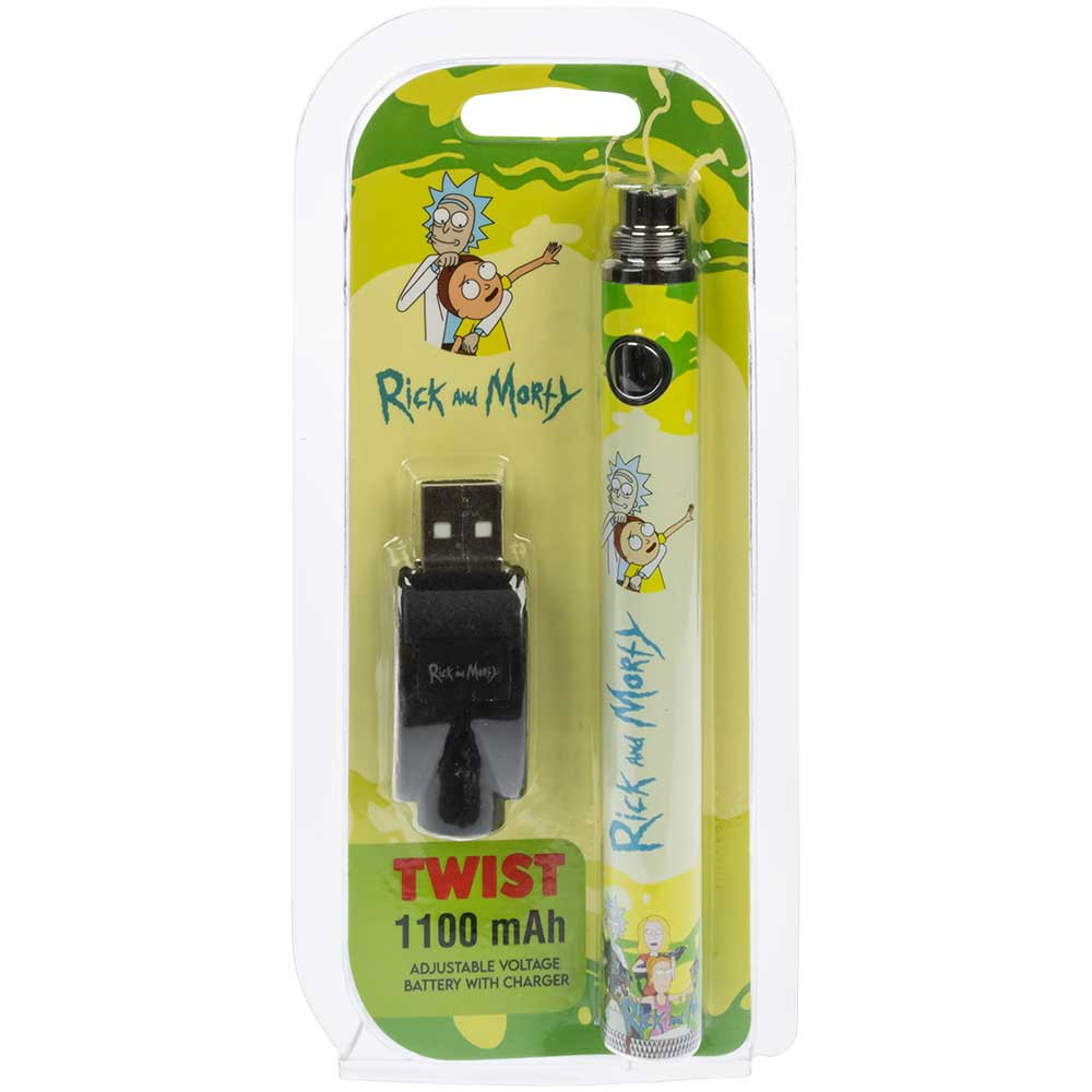 A packaged Rick and Morty Twist Battery featuring artwork of Rick and Morty and the Smith family.