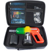 Open zip bag containing a Smoke Blower Party Gun and all of its accessories.