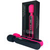 Packaged Wand-r-Lust Vibrating Wand - Pink with a black and pink versions laying on the ground.