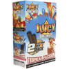 Unopened retail display box of Juicy Double Wraps in Tropical Passion flavor, photographed at a quarter angle with bold, colorful packaging.