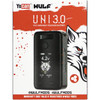 Retail packaging for Wulf Mods UNI 3.0 Universal Variable Voltage Battery – Black-Red Spatter color, front of box
