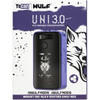 Retail packaging for Wulf Mods UNI 3.0 Universal Variable Voltage Battery – Purple-Black Spatter color, front of box