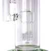 14-inch thick glass bong with 7-arm tree perc, green accents and gold leaf branding close up of tree perc