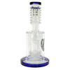 8.5 inch thick glass water pipe with matrix perc ribbed neck and blue accents with 18mm bowl close up of flower bowl back view.
