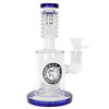 8.5 inch thick glass water pipe with matrix perc ribbed neck and blue accents with 18mm bowl front side with Flying pig brand