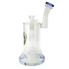 10 inch heavy duty thick glass bong with barrel perc and blue accents other side.