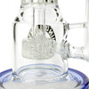 13 inch Nothing's Impossible branded recycler water pipe with blue accents matrix perc and 14mm bowl with thumb grip close up of matrix perc