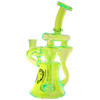 Flying Pig 8.5-inch neon green UV black light reactive double recycler glass water pipe with 14mm male bowl, convertible to a dab rig with a 14mm male quartz banger right side view