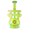 Flying Pig 8.5-inch neon green UV black light reactive double recycler glass water pipe with 14mm male bowl, convertible to a dab rig with a 14mm male quartz banger back view