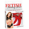 Retail packaging for Pipedream Fetish Fantasy Designer Red Metal Handcuffs showing model and keys through clear window