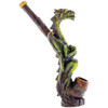Profile view of the 6" tall Perched Dragon Pipe resting upright.