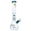 14.5" tall "Warp" beaker water pipe by Diamond Glass, shown here from a quarter view. It features colored accent points available in Teal, Blue, Pink, and more.