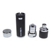 This shows the Yocan Evolve Plus XL disassembled. It breaks down into 3 main parts: the 1400 mAh battery, the Atomizer (shown here with the mouthpiece taken off to show the coil inside), and the storage jar. Everything screws neatly into place so everything you need is contained and within finger's reach.