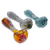 American made Jelly fish glass hand pipe with assorted critter animals like a jellyfish, turtle and frog on the front of the bowl that are UV reactive