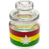 Glass stash jar with Rasta cannabis leaf print.