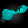 Quarter view of the Chameleon Glass Voodoo Hand Pipe glowing in the dark.