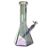 Flying Pig 12-inch iridescent thick glass beaker bong with diamond flare base, matching iridescent downstem, 14mm bowl, and ice pinch side view.