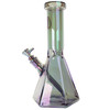 Flying Pig 12-inch iridescent thick glass beaker bong with diamond flare base, matching iridescent downstem, 14mm bowl, and ice pinch another view.