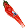 Chameleon Glass Red Chili Pepper Hand Pipe with green stem, angled view
