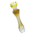 The Ghost Chillum is a slim, clear, glass chillum that is discrete yet interesting to look at. The color from fumed glass fades as it travels down the pipe, and the swirls that envelop it taper off near the mouthpiece.
