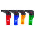 Bernie Plastic Mini Butane Torch is available in the pictured colors: Red, Blue, Yellow, and Green.