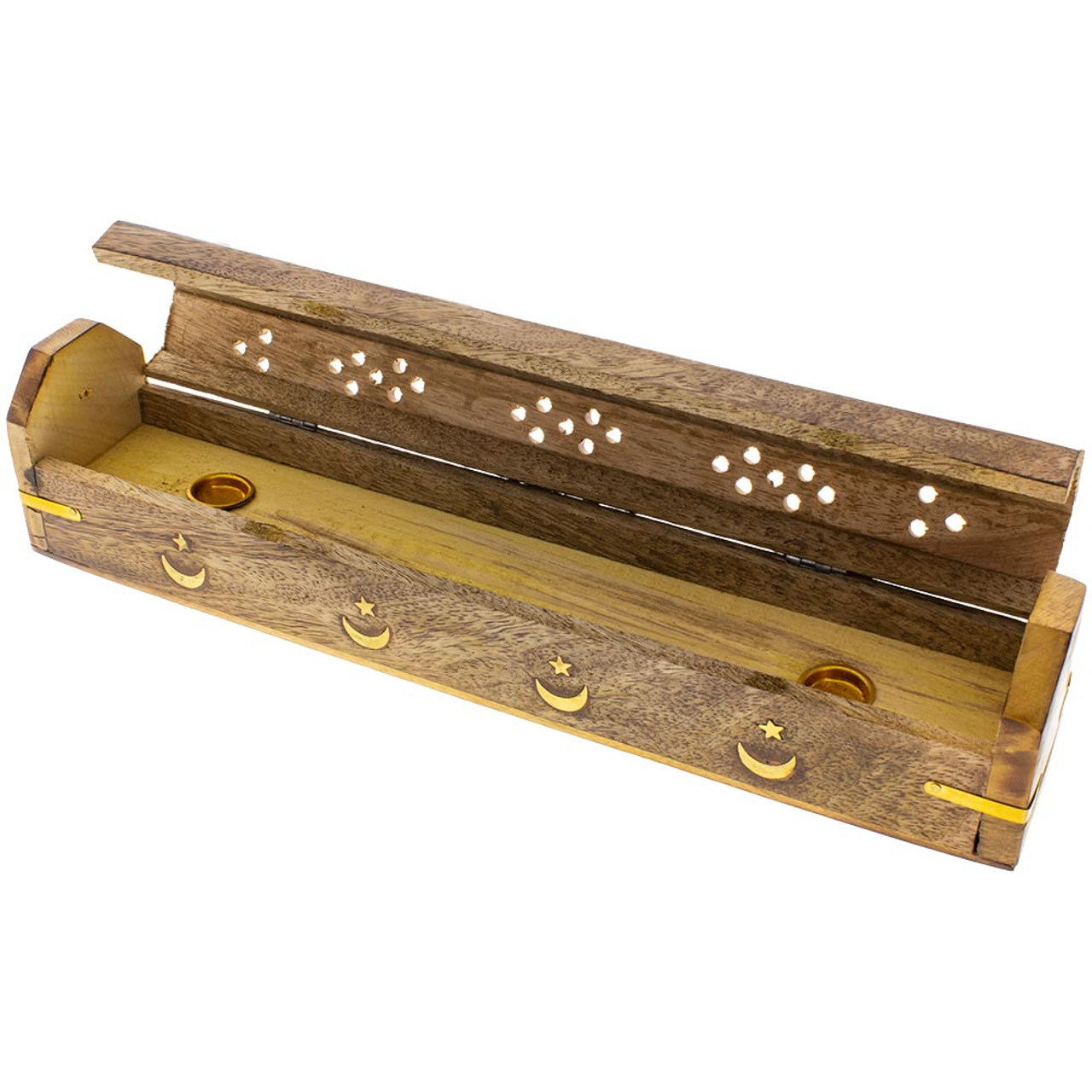 Moon and Star Brass Inlay Wooden Coffin Incense Burner