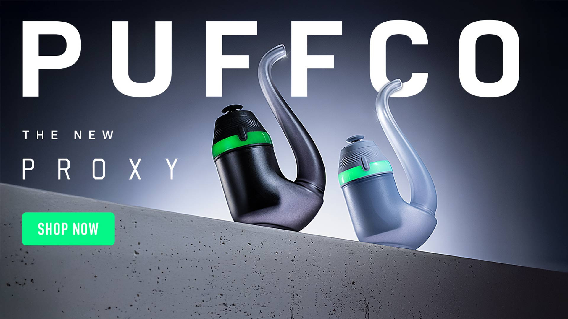 Two Puffco New Proxy vaporizers in sleek black and gray housings with glowing green bands, displayed on a concrete surface with bold PUFFCO branding and “Shop Now” button.