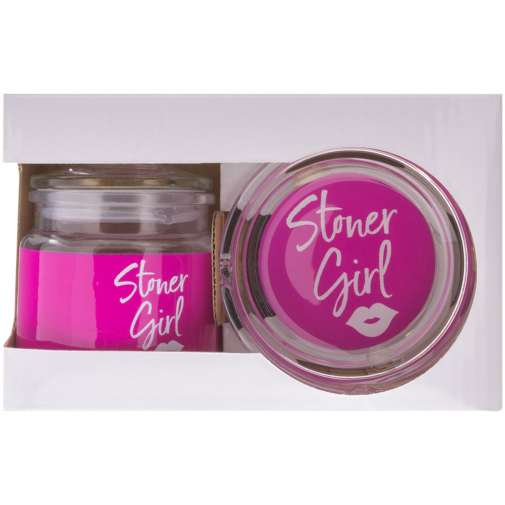 Stoner Girl Ashtray & Jar Set Glass with Pink and White